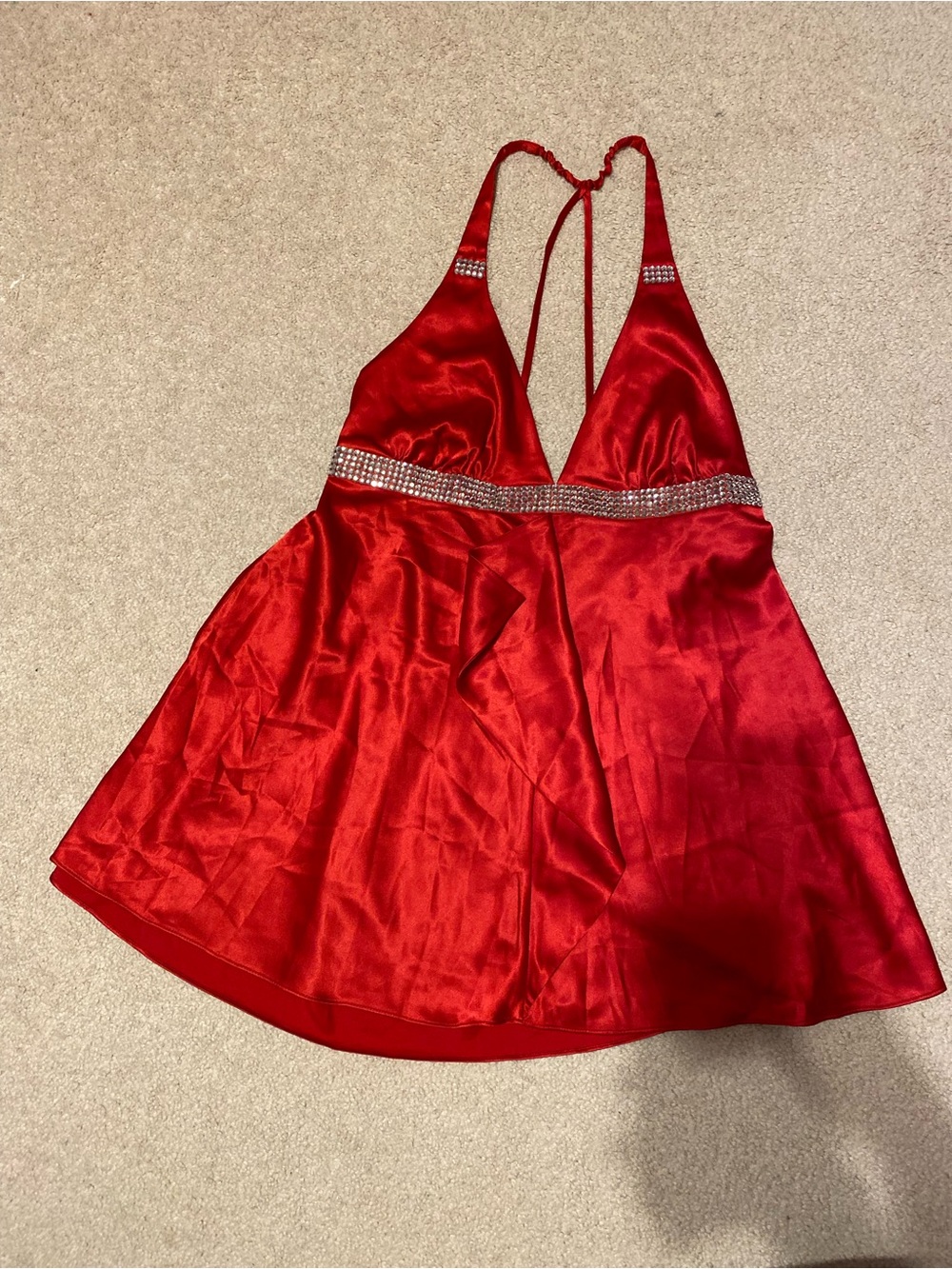 Victoria's Secret red satin v-neck rhinestone sleeveless blouse, size medium